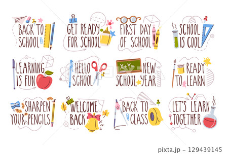 Back to school labels with studying accessories and education supplies vector illustration set 129439145
