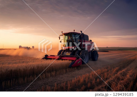 Large combine harvesting ripe wheat during golden hour, rural farming equipment in action 129439185
