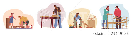 Diverse people cartoon characters engaged in furniture assembly fixing isolated set on white Diverse people cartoon characters engaged in furniture assembly fixing isolated set on white 129439188