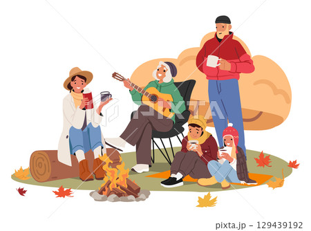 Happy family with elderly parents, adults and small children enjoying picnic in autumn cartoon scene 129439192