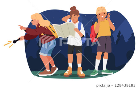 Children group of travelers lost in forest at night looking for way in paper map calling for help Children group of travelers lost in forest at night looking for way in paper map calling for help 129439193