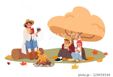 Young mother and children enjoying picnic weekend activities in autumn forest cartoon scene Young mother and children enjoying picnic weekend activities in autumn forest cartoon scene 129439194