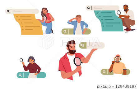 Search engine set with diverse people holding magnifying glass and binocular over browser retrieval 129439197