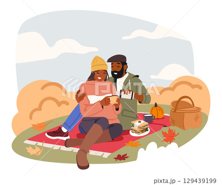 Wife and husband family couple having nice day autumn public park enjoying picnic outdoors scene Wife and husband family couple having nice day autumn public park enjoying picnic outdoors scene 129439199