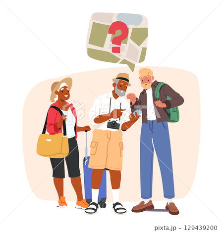 Touristic group of retired people lost during foreign journey looking at smartphone navigation map 129439200
