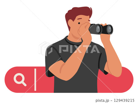 Man freelancer cartoon character looking through optical device using internet search bar service 129439215