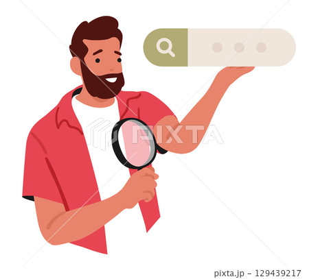Man cartoon character waiting for query to be issued via search bar box of Internet browser 129439217