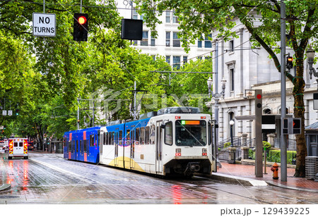 Portland light rail train at Pioneer Courthouse station in downtown Portland, Oregon, United States Portland light rail train at Pioneer Courthouse station in downtown Portland, Oregon, United States 129439225