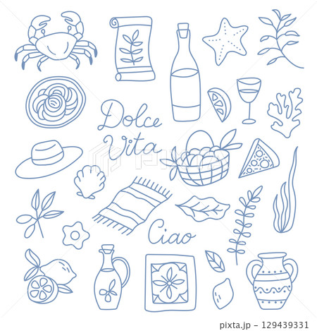 Hand drawn blue doodle set with mediterranean elements. Summer Italian set with Dolce Vita text. 129439331