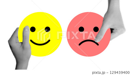 Minimalist Conceptual Illustration Depicting Two Halftone Hands Exchanging Happy and Sad Face Symbols Minimalist Conceptual Illustration Depicting Two Halftone Hands Exchanging Happy and Sad Face Symbols 129439400