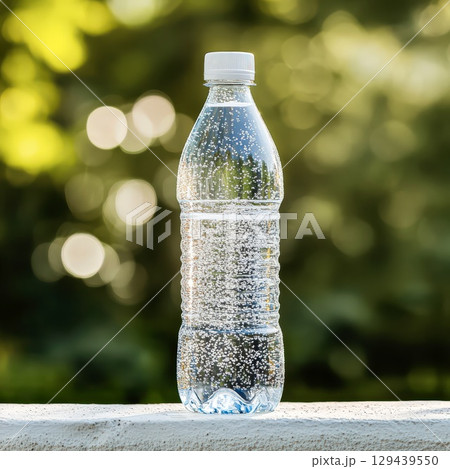 Cold water bottle with moisture drops forest bokeh background 129439550