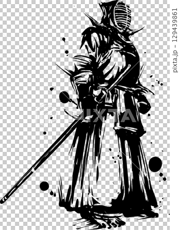 Ink painting illustration of a kendo player 129439861
