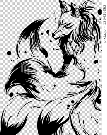 九尾の狐の墨絵イラスト 129439862