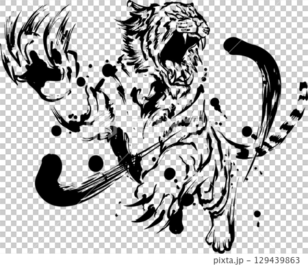 とびかかる虎の墨絵イラスト 129439863