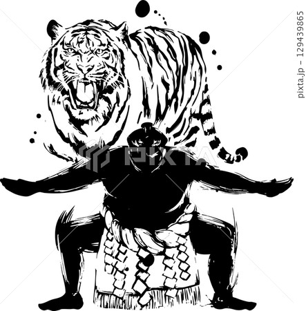 相撲の四股（虎のオーラ）の墨絵イラスト 129439865