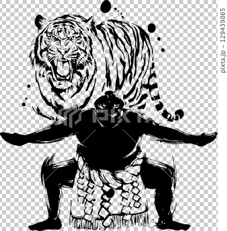 相撲の四股（虎のオーラ）の墨絵イラスト 129439865
