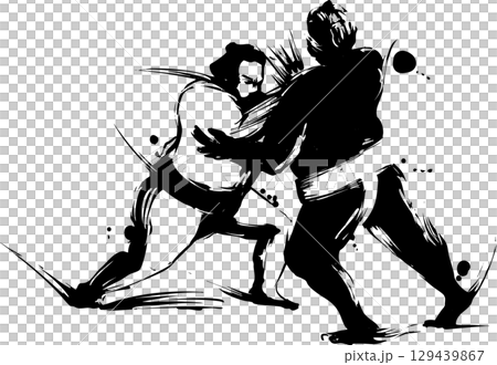 Sumi-e illustration of a sumo match 129439867