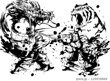 剣道の試合（龍虎のオーラ）の墨絵イラスト 129439868