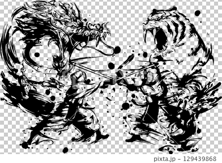 剣道の試合（龍虎のオーラ）の墨絵イラスト 129439868