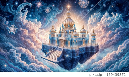 mystical floating castle glowing softly among stars and swirling clouds 129439872