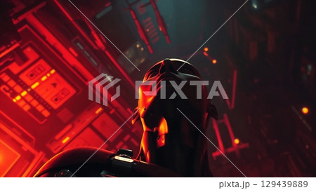 warm low angle perspective looking up at cyborg with dystopian background in red orange and yellow tones for use in futuristic digital art and sci fi projects 129439889