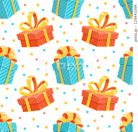 Seamless cartoon birthday gift pattern. Each present is a colorful box with ribbon and bow creating a surprise. Perfect for birthday and holiday package decoration. Seamless cartoon birthday gift pattern. Each present is a colorful box with ribbon and bow creating a surprise. Perfect for birthday and holiday package decoration. 129441094