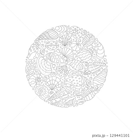 Round underwater sticker composition of seashells in a delicate outline style. Marine mollusk shells and swirls create a circle concept. Ocean life and undersea doodle design for aquatic patterns. Round underwater sticker composition of seashells in a delicate outline style. Marine mollusk shells and swirls create a circle concept. Ocean life and undersea doodle design for aquatic patterns. 129441101