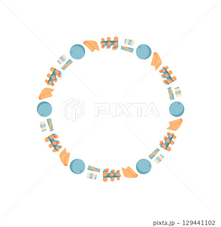 Colorful minimal flat circle frame with vibrant ornament. Round border with unique decoration and seamless pattern. Perfect for gym themes, fitness equipment designs, and workout banners. 129441102