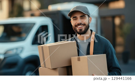 Delivery worker smiles while carrying packages outside a truck during a sunny afternoon 129441166