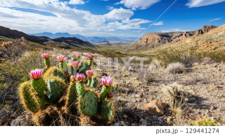 Vibrant cactus blooms against a dramatic desert landscape during midday in the American Southwest 129441274