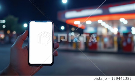Hand holding a blank smartphone outside a brightly lit gas station at night 129441385