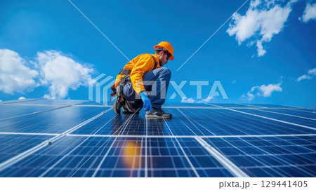 Man working on solar panels under bright blue sky with clouds at renewable energy installation site 129441405