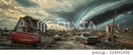 Destruction and chaos after a powerful storm in a devastated rural area 129441436
