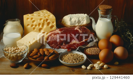 Fresh ingredients arranged on a wooden table for meal preparation in a cozy kitchen setting during the evening hours 129441460