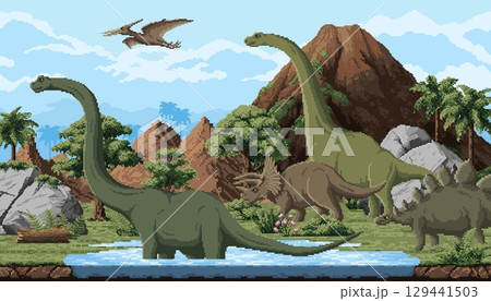8bit pixel art game with prehistoric dinosaurs in Jurassic jungle landscape, vector background. Prehistoric dinosaurs, lizards and reptiles with volcano and lake in cartoon 8 bit pixel landscape 129441503
