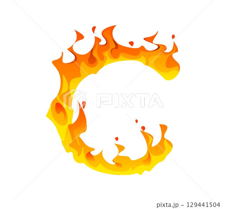 Cartoon letter C circus font as fiery ring with fire flames. Vector retro carnival typeface, entertainment type, kids English big top tent alphabet character. Abc typography for funfair and amusement Cartoon letter C circus font as fiery ring with fire flames. Vector retro carnival typeface, entertainment type, kids English big top tent alphabet character. Abc typography for funfair and amusement 129441504