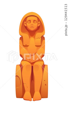 Cartoon ancient Egyptian statue icon with smooth sandstone texture, depicting a seated pharaoh figure. Isolated vector Egypt game asset, vintage symbol for history, mythology themes or treasure hunt 129441513