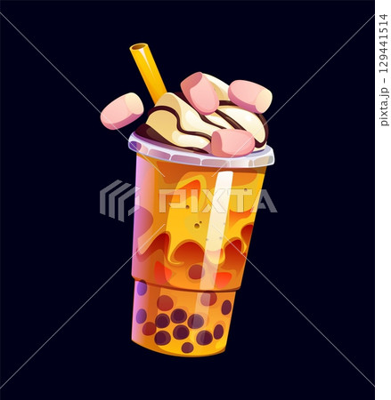 Milk bubble tea glass with marshmallows, caramel or cocoa cream, cartoon vector dessert drink. Milk bubble tea cut with drinking straw or milkshake with boba pearls and vanilla flavor for dessert Milk bubble tea glass with marshmallows, caramel or cocoa cream, cartoon vector dessert drink. Milk bubble tea cut with drinking straw or milkshake with boba pearls and vanilla flavor for dessert 129441514