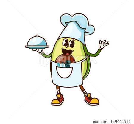 Cartoon cheerful groovy avocado chef in toque hat with dish, vector vegetable character. Retro cartoon groovy avocado character in apron with forks and spoons as restaurant chef or cooking emoji Cartoon cheerful groovy avocado chef in toque hat with dish, vector vegetable character. Retro cartoon groovy avocado character in apron with forks and spoons as restaurant chef or cooking emoji 129441516