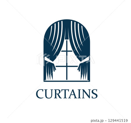 Window curtain icon for home interior or textile decor salon, vector emblem. Vintage house window with curtain drapes or portiere folds on ribbons for concert hall or musical opera house sign 129441519