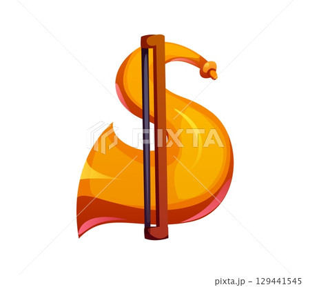 Cartoon musical font dollar sign as a brass trumpet with a violin bow. Music instrument typeface glyph, entertainment funny type, alphabet. Isolated vector musician abc character, typography symbol 129441545