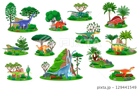 Cartoon prehistoric dinosaur characters of cute jurassic dino animals, mountain waterfall, jungle palm trees and cactuses. Vector titanosauria, styracosaurus, allosaurus and stegosaurus dinosaurs 129441549