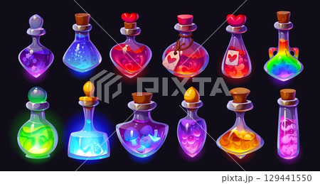 Wizard magic potion bottles, elixir and poison, vector game UI assets. Cartoon Halloween glass bottles, flasks, vials and jars of wizard potion and witch love elixir with magic mushrooms and hearts 129441550