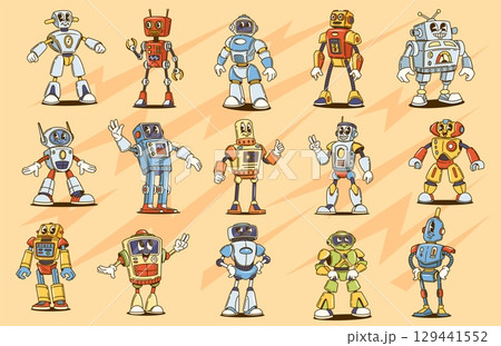 Cartoon groovy robot characters of retro hippie bot toys with happy smiles. Vector AI robot personages of vintage groovy humanoid cyborg, funky alien space transformer and humanoid droid personages Cartoon groovy robot characters of retro hippie bot toys with happy smiles. Vector AI robot personages of vintage groovy humanoid cyborg, funky alien space transformer and humanoid droid personages 129441552
