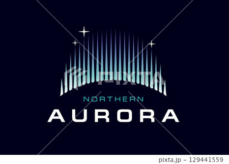 Northern sky aurora borealis wave light icon with gradient light beams in arc shape with stars on dark night sky background. Vector futuristic glowing emblem in blue and cyan colors 129441559