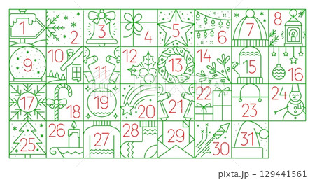 Christmas and New Year advent calendar for winter holiday gifts countdown, vector template. Christmas advent calendar background with New Year gifts, Santa hat and snowflakes with snowman or cookies Christmas and New Year advent calendar for winter holiday gifts countdown, vector template. Christmas advent calendar background with New Year gifts, Santa hat and snowflakes with snowman or cookies 129441561