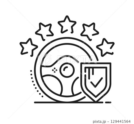 Driving school icon for vehicle drive training education, vector pictogram. Driving school line icon of car steering wheel with success stars for drive test and shield for safety driving practice 129441564