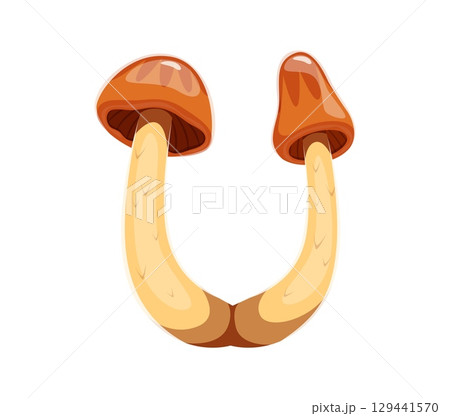Autumn season font mushroom letter U. Thanksgiving sign, autumn harvest vector English alphabet typeset letter. Fall season kids ABC type element or autumnal font symbol 129441570