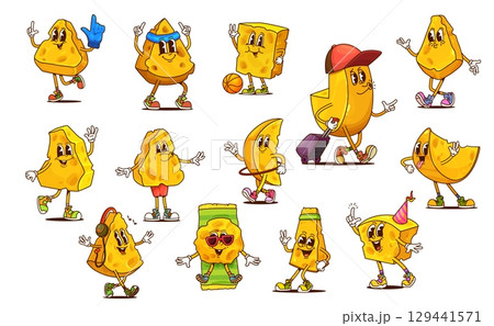 Groovy cheese characters of vector hippie milk food. Cartoon cute yellow pieces of cheddar, gouda and swiss cheese doing sport exercises, listening to music and dancing. Groovy milk food characters 129441571