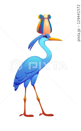 Cartoon heron with royal Egyptian crown, representing sacred Bennu bird, symbol of death, embodying journey and transformation of spirit in the afterlife in ancient mythology, Egypt game icon asset 129441572
